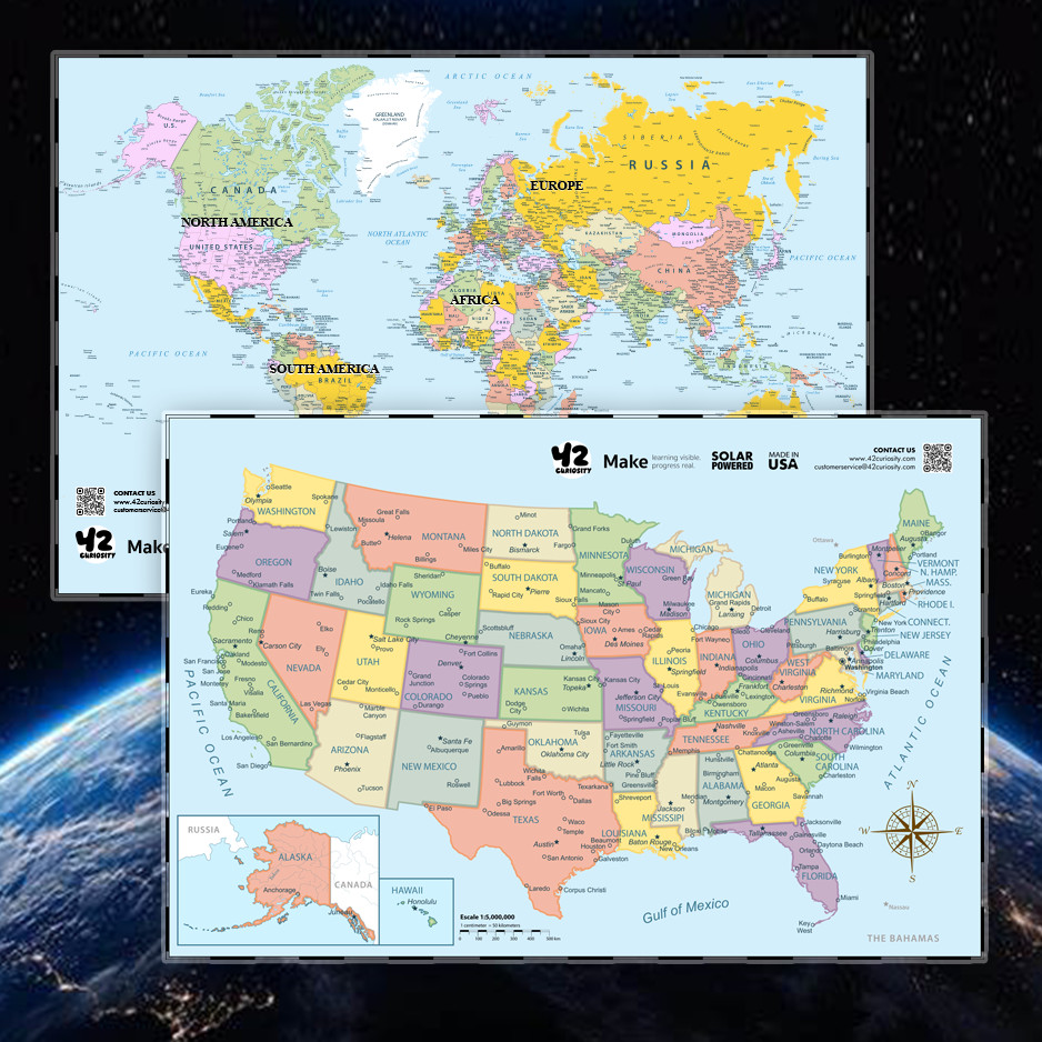 USA & World Map Poster Set 24×36 Laminated Wall Maps Geography Chart Made in USA