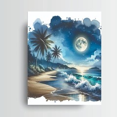 11×14 Moonlight Beach Coastal Beach Canvas Wall Art