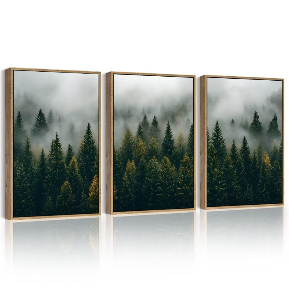 Green Fog Pine Tree Framed Wall Art Nature Misty Nordic Forests Morden Paints…