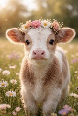 Cow with Flower Crown Multicolor Vertical Print for Bedroom Living Room Office