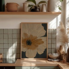 Mid Century Modern Floral Wall Art Abstract Flower Poster Beige Orange Art Print