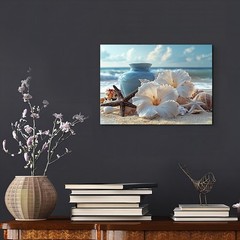 White Hibiscus Starfish Vase Beach Framed Canvas, Soft Light Coastal Tropical