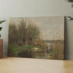 Ducks by Duck Shelter Vintage Oil Painting Landscape Farm Canvas Wall Art Print