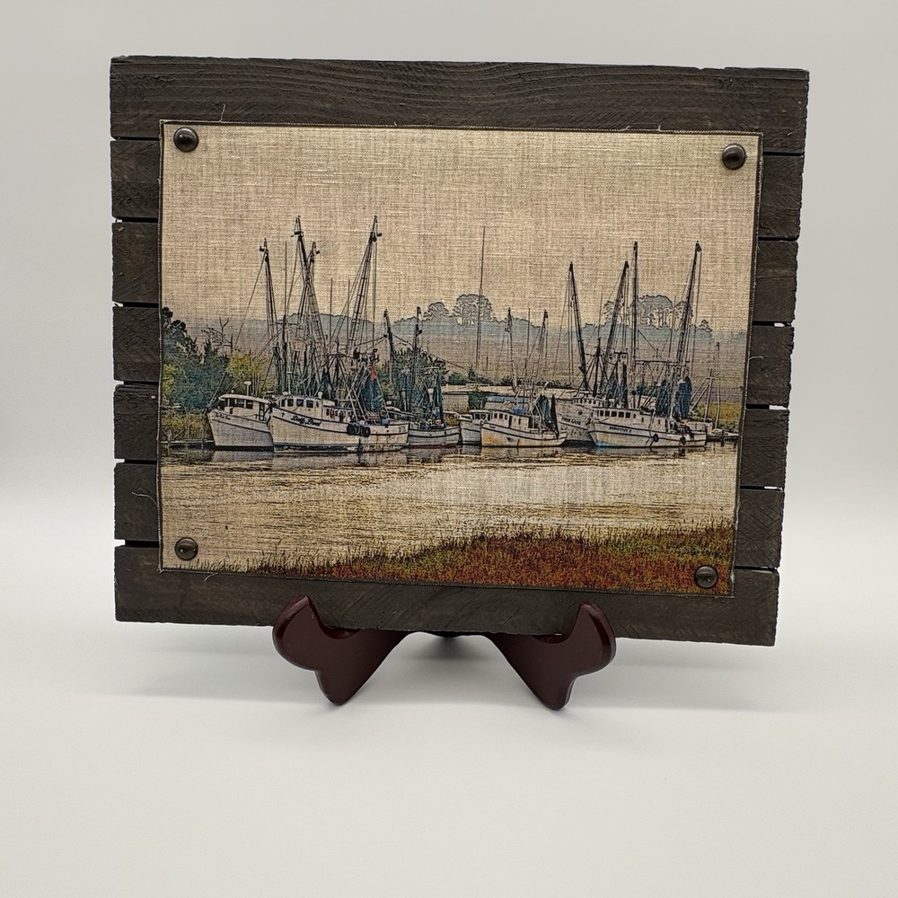 Shrimp Boat Fleet 1 Board Mounted Linen Canvas Print On Solid Plank Wood Plaque