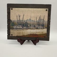 Shrimp Boat Fleet 1 Board Mounted Linen Canvas Print On Solid Plank Wood Plaque