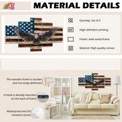 5-Panel Framed American Flag Canvas Wall Art with Bald Eagle & Wooden Frame -…