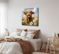 Highland Cow Baby Daisies Canvas Wall Art, 12x12in