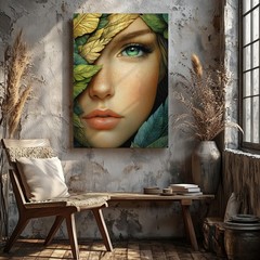 Green Eyed Woman Face With Gold And Green Leaves Canvas Wall Art Decor Art Print
