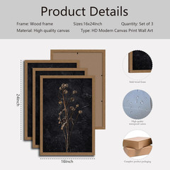 Framed Moody Dried Flower Canvas Art – Rustic Vintage Decor 16×24 In 3Pcs Set