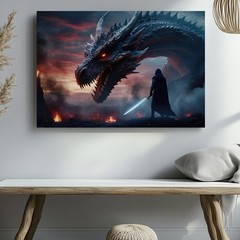 Dramatic Fantasy Scene Featuring A Massive, Intricately Detailed Dragon Wall Art