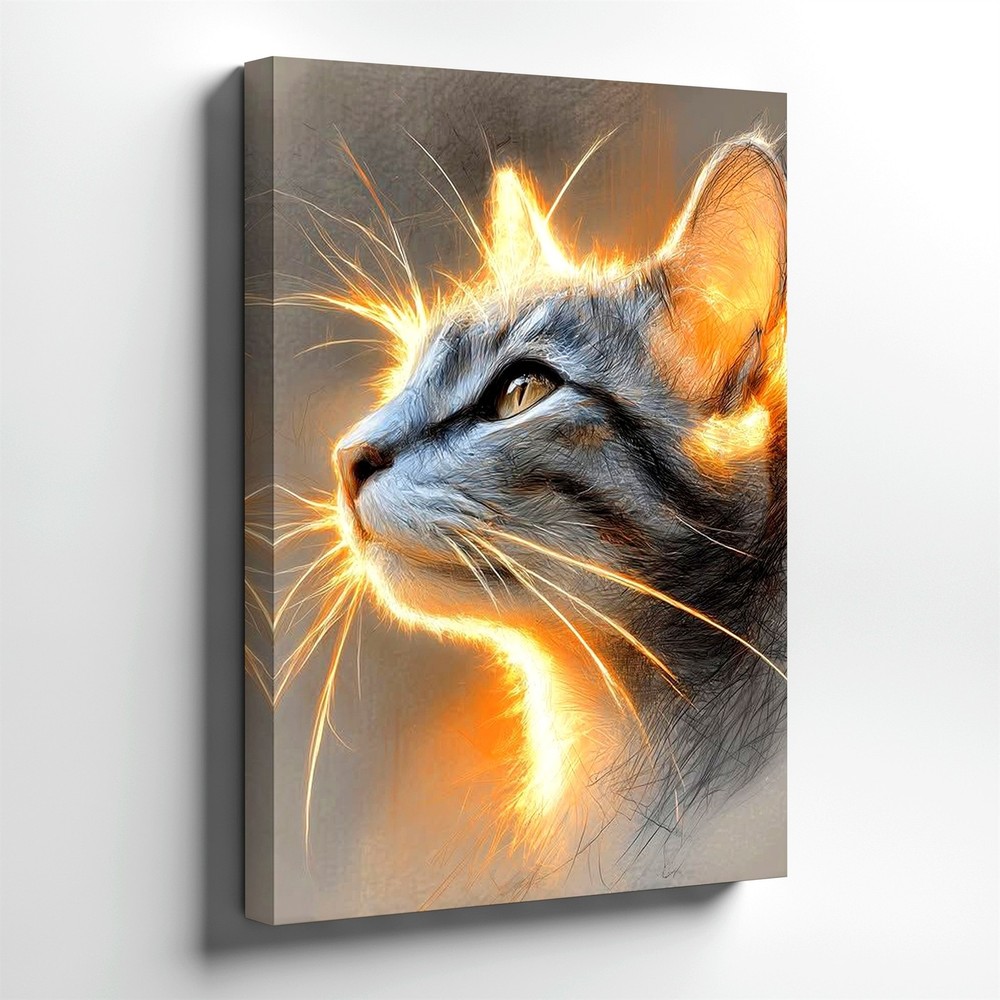 Wall Art Glowing Cat Portrait Canvas Print Feline Sketch Animal Home Decor Room