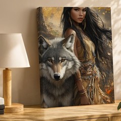 Native American Woman And Wolf Canvas Wall Art Autumn Forest Tribal Decor Print