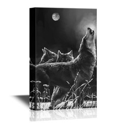 wall26 – Wolf Canvas Wall Art – Wolves under the Full Moon in the Night – 12×18