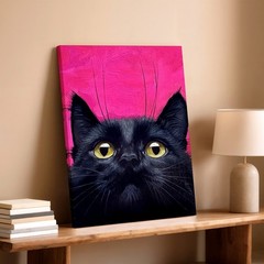 Wall Art Black Cat Portrait Print Pink Background Animal Canvas Home Decor Room