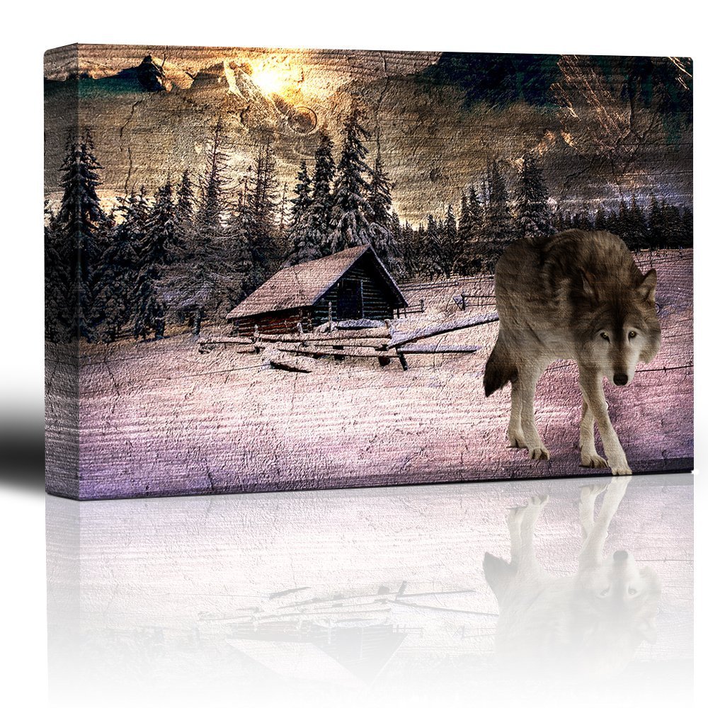 Lone Wolf Roaming Around a Mountain Cabin – Canvas Art Home Decor – 12×18 inches