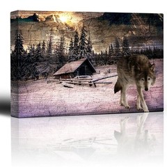 Lone Wolf Roaming Around a Mountain Cabin – Canvas Art Home Decor – 12×18 inches