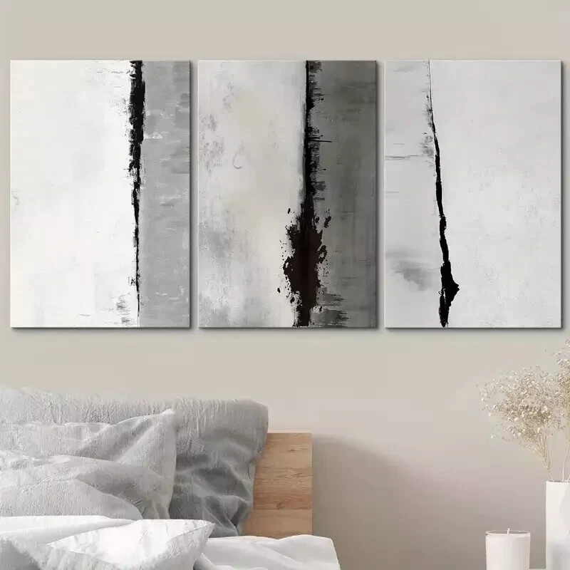 3pcs Black Gray Geometric Color Blocks Abstract Wall Art Canvas Framed 50x70cm