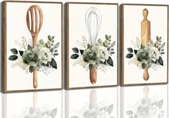 3 Pcs Framed Sage Green Farmhouse Kitchen Canvas Wall Art Minimalist Dining Room