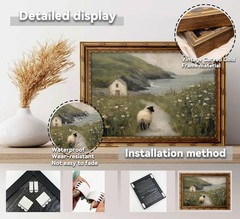 Rustic Coastal Sheep Oil Painting in Vintage Gold Frame – Farmhouse Wall Decor