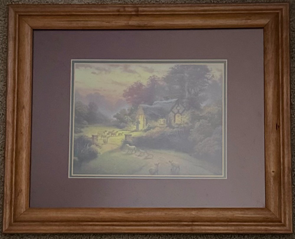 Framed Cottage Landscape Print Sheep Country Home Wall Art 17×14 Rustic Decor