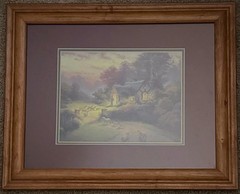 Framed Cottage Landscape Print Sheep Country Home Wall Art 17×14 Rustic Decor