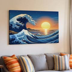 Large Ocean Wave Canvas Wall Art Sunset Seascape Blue Water Coastal Decor Print