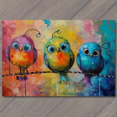 Art Print Birds On A Wire Cute Big Eyes Acrylic Painting Cartoon Style Colorful