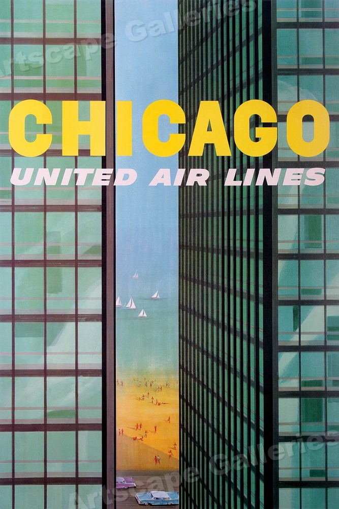 1960s Chicago Lake Michigan Vintage Style Airline Travel Poster – 24×36