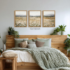 White Wildflowers Wall Art Set of 3, Neutral Meadow Landscape Wall Decor, Minima