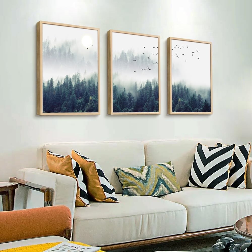 Canvas Wall Art Natural Wood 3 Panel Set Foggy Forest 20″x28″ Stretched Framed