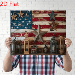 Vintage Flag Metal Stars Lanterns Canvas Wall Art, Rustic Patriotic Decor