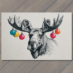 Art Print Moose Christmas Ornaments Antlers Holiday Cheer Festive Retro Rustic W
