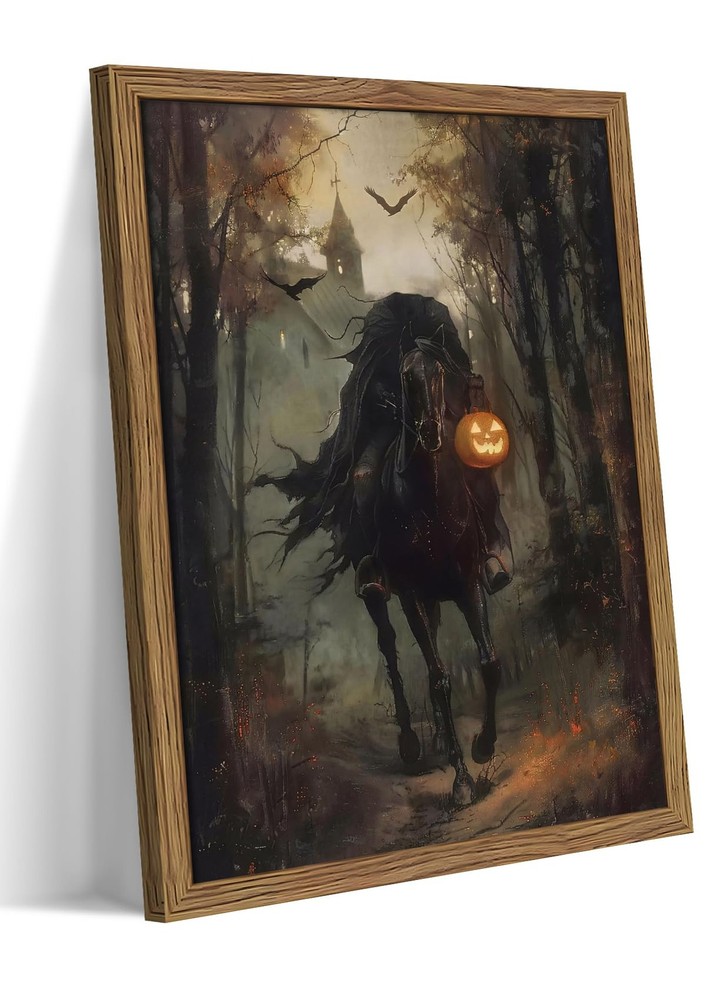 Framed Vintage Halloween Wall Art, Gothic Pumpkin Headless Horseman Wall Deco…