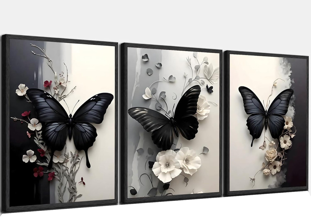 3 Pcs Black Butterfly Canvas Wall Art, White Flower Wall Decor