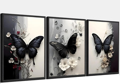 3 Pcs Black Butterfly Canvas Wall Art, White Flower Wall Decor