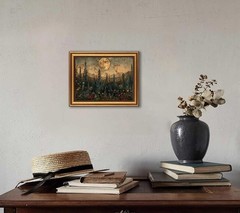 Gold Framed Vintage Forest Full Moon Wall Art, Moonlit Pine Tree Wall Decor P…