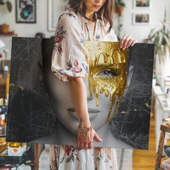 Modern Black and White Woman Portrait with Gold Paint Drip Abstract Canvas Art