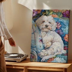 Cute White Dog On Floral Blue Sofa Canvas Wall Art Decorative Print 80X40Cm