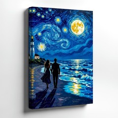 Wall Art Romantic Coastal Night Sky Lighthouse Moon Ocean Couple Painting Print