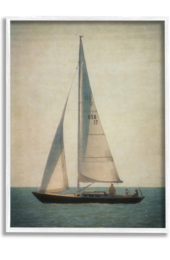 Stupell Industries Lone Sailboat People Relaxing Quiet Ocean Landscape 10”x15”