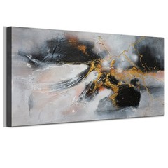 Abstract Canvas Wall Art Large Framed 48″x24″ – Black and White Gold Crackle …