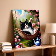 Wall Art Black White Cat in Hammock Pink Roses Garden Floral Canvas Print Decor