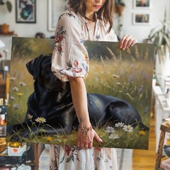 Black Labrador Canvas Wall Art Floral Meadow Nature Dog Animal Print Decor