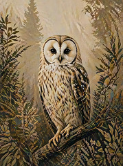 Vintage Botanical Barn Owl Canvas Wall Art – Rustic Forest Wildlife Home Decor