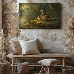 Duck with Ducklings by Pond Nature Canvas Wall Art Rustic Wildlife Decor Print