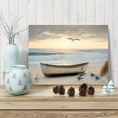 Coastal Beach Boat and Seagulls Canvas Wall Art, Nautical Home Decor
