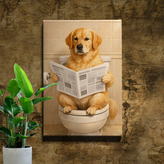 Funny Golden Retriever Reading Newspaper Bathroom Unframed Canvas Wall Art