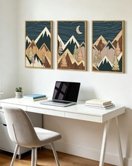Morden Mountains Framed Wall Art 16x24in Boho Woodcut Pine Tree Forest Nature…