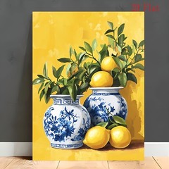 Blue and White Vases with Lemons Canvas Wall Art, Kitchen Home Decor