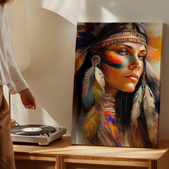 Native American Woman With Feather Headdress And Vibrant Face Paint Canvas Art